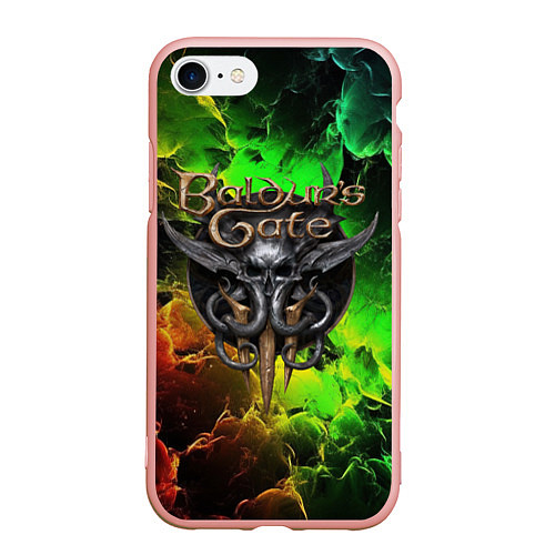 Чехол iPhone 7/8 матовый Baldurs Gate 3 logo dark red green fire / 3D-Светло-розовый – фото 1