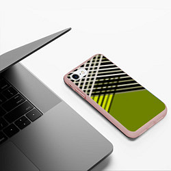 Чехол iPhone 7/8 матовый Косые черно-белые полосы на оливковом фоне, цвет: 3D-светло-розовый — фото 2