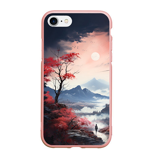 Чехол iPhone 7/8 матовый Луна над горами / 3D-Светло-розовый – фото 1