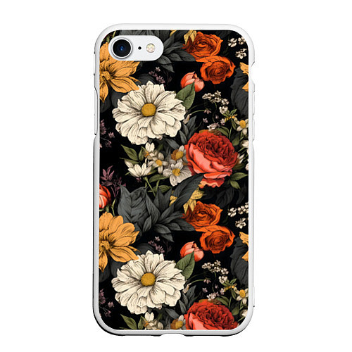 Чехол iPhone 7/8 матовый Цветочный паттерн на черном / 3D-Белый – фото 1