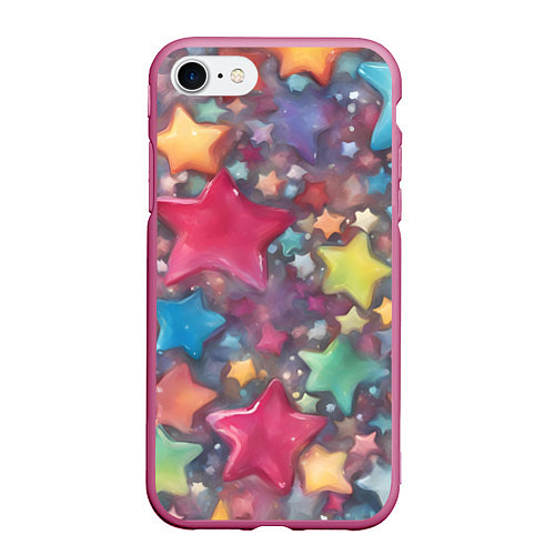 Чехол iPhone 7/8 матовый Разноцветные новогодние звёзды / 3D-Малиновый – фото 1