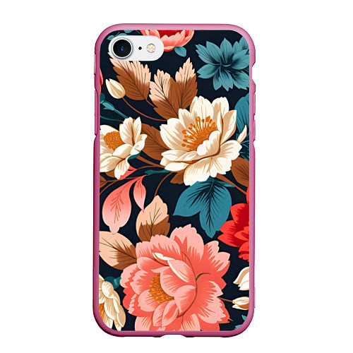 Чехол iPhone 7/8 матовый Летние цветы - паттерн / 3D-Малиновый – фото 1
