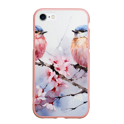 Чехол iPhone 7/8 матовый Птицы в ветвях сакуры акварель / 3D-Светло-розовый – фото 1