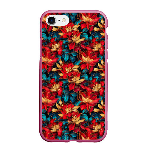 Чехол iPhone 7/8 матовый Красные цветы с синими листьями узор / 3D-Малиновый – фото 1