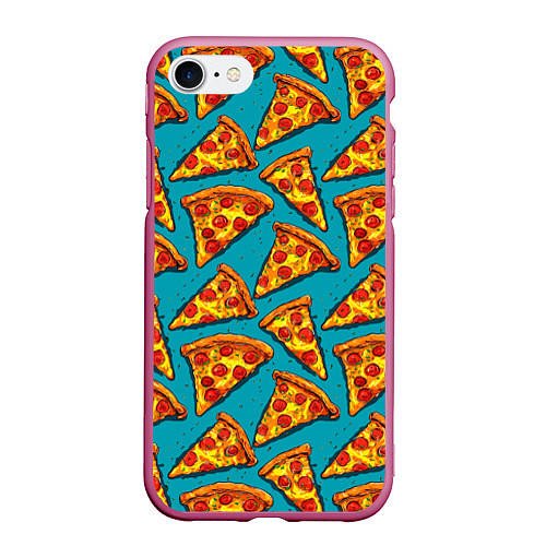 Чехол iPhone 7/8 матовый Кусочки пиццы на синем фоне / 3D-Малиновый – фото 1