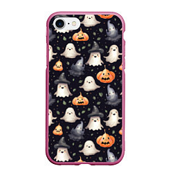 Чехол iPhone 7/8 матовый Милые привидения и хэллуинские тыквы - паттерн, цвет: 3D-малиновый