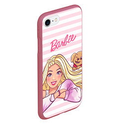 Чехол iPhone 7/8 матовый Барби с щенком: розово-белая горизонтальная полоск, цвет: 3D-малиновый — фото 2