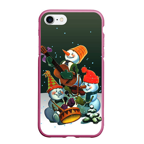 Чехол iPhone 7/8 матовый Новогодний квартет со снеговиками / 3D-Малиновый – фото 1