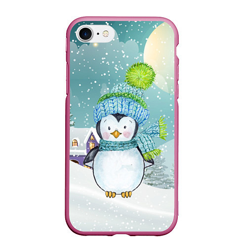 Чехол iPhone 7/8 матовый Новогодний пингвин / 3D-Малиновый – фото 1