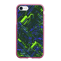 Чехол iPhone 7/8 матовый Киберпанк линии зелёные и синие, цвет: 3D-малиновый