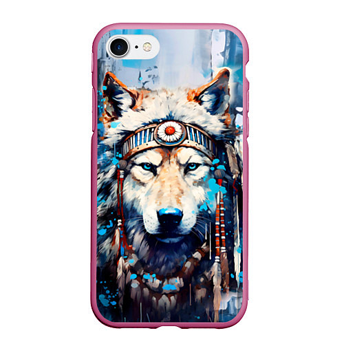 Чехол iPhone 7/8 матовый Волк индеец / 3D-Малиновый – фото 1