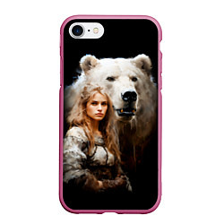 Чехол iPhone 7/8 матовый Славянка с большим белым медведем, цвет: 3D-малиновый