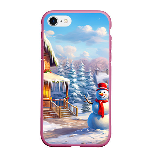 Чехол iPhone 7/8 матовый Новогодняя деревня и снеговик / 3D-Малиновый – фото 1