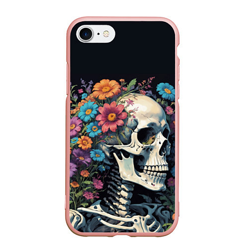 Чехол iPhone 7/8 матовый Улыбающийся скелет среди цветов / 3D-Светло-розовый – фото 1