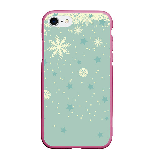 Чехол iPhone 7/8 матовый Снежинки и звезды на матно зеленем / 3D-Малиновый – фото 1