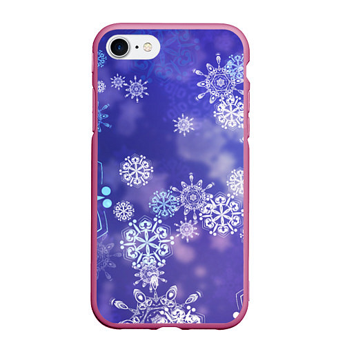 Чехол iPhone 7/8 матовый Крупные снежинки на фиолетовом / 3D-Малиновый – фото 1