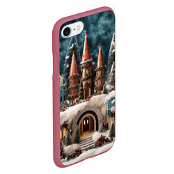 Чехол iPhone 7/8 матовый Деревенские домики зимой, цвет: 3D-малиновый — фото 2