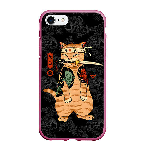 Чехол iPhone 7/8 матовый Кот самурай якудза с карпами / 3D-Малиновый – фото 1