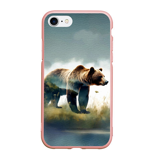 Чехол iPhone 7/8 матовый Минималистичный пейзаж с медведем акварель / 3D-Светло-розовый – фото 1
