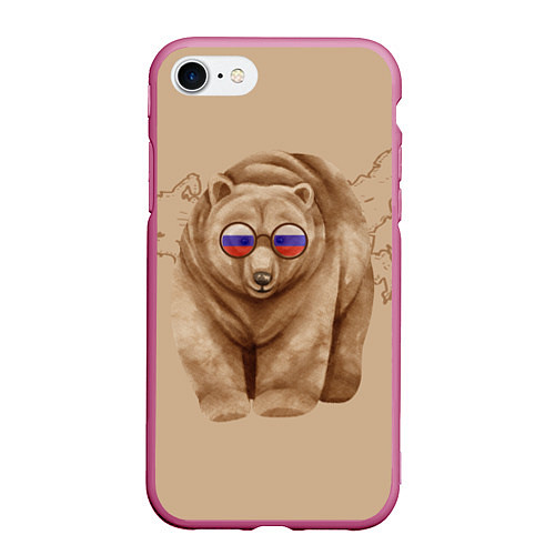 Чехол iPhone 7/8 матовый Медведь патриотки в очках из России / 3D-Малиновый – фото 1