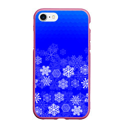 Чехол iPhone 7/8 матовый Снежинки на синем, цвет: 3D-малиновый