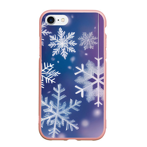 Чехол iPhone 7/8 матовый Снежинки на фиолетово-синем фоне / 3D-Светло-розовый – фото 1