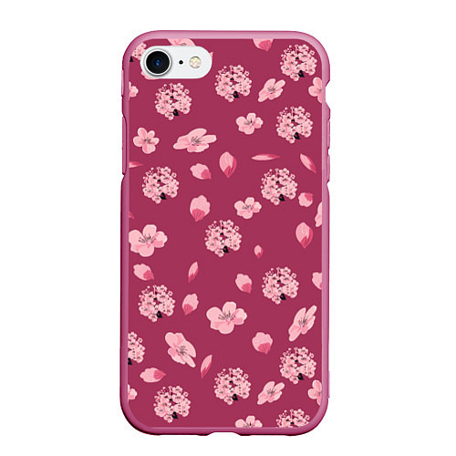 Чехол iPhone 7/8 матовый Сакура цветы и бутоны паттерны / 3D-Малиновый – фото 1