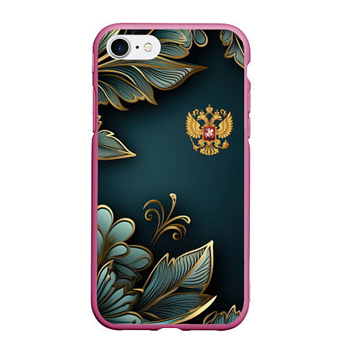 Чехол iPhone 7/8 матовый Золотые листья и герб России / 3D-Малиновый – фото 1