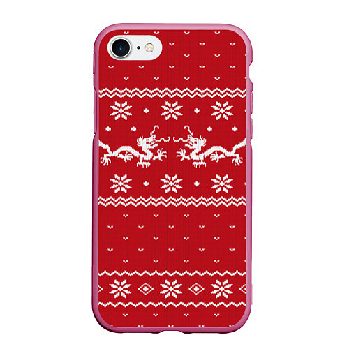 Чехол iPhone 7/8 матовый Новогодний свитер с драконами / 3D-Малиновый – фото 1