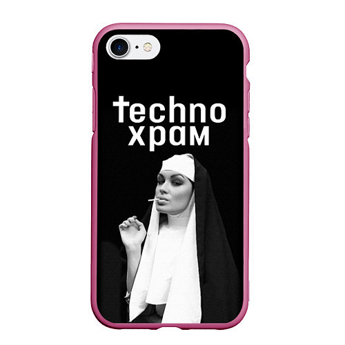 Чехол iPhone 7/8 матовый Techno храм монашка курит / 3D-Малиновый – фото 1
