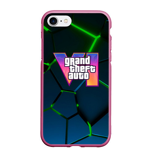 Чехол iPhone 7/8 матовый GTA 6 лого на фоне разлома зеленых плит / 3D-Малиновый – фото 1