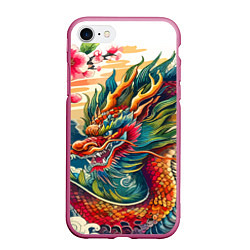 Чехол iPhone 7/8 матовый Гравюра японского дракона, цвет: 3D-малиновый