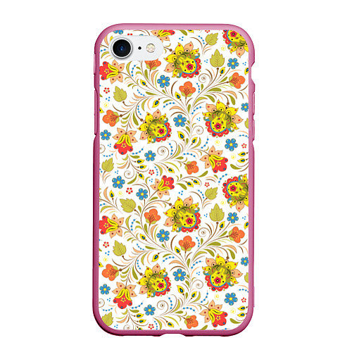 Чехол iPhone 7/8 матовый Хохломская роспись разноцветные цветы на белом фон / 3D-Малиновый – фото 1