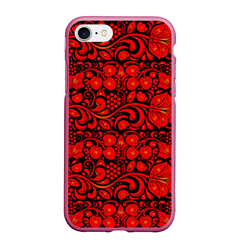 Чехол iPhone 7/8 матовый Хохломская роспись красные цветы и ягоды на чёрном / 3D-Малиновый – фото 1