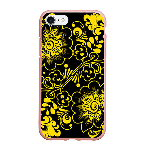 Чехол iPhone 7/8 матовый Хохломская роспись золотые цветы на чёроном фоне / 3D-Светло-розовый – фото 1
