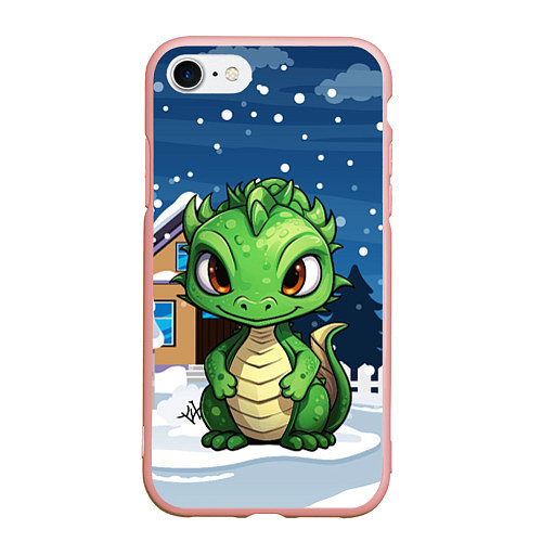 Чехол iPhone 7/8 матовый Маленький зеленый новогодний дракон на фоне снега / 3D-Светло-розовый – фото 1