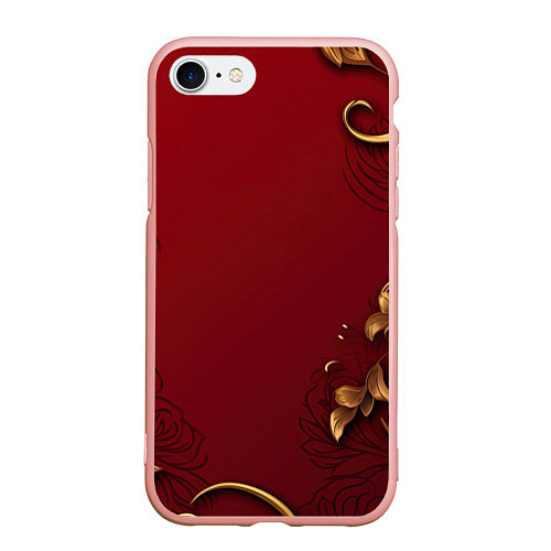Чехол iPhone 7/8 матовый Узоры золотые на красном фоне / 3D-Светло-розовый – фото 1