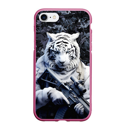 Чехол iPhone 7/8 матовый Белый тигр солдат зима / 3D-Малиновый – фото 1