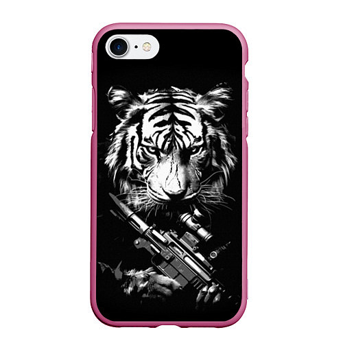 Чехол iPhone 7/8 матовый Тигр с винтовкой / 3D-Малиновый – фото 1