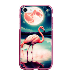 Чехол iPhone 7/8 матовый Розовый фламинго на фоне луны, цвет: 3D-малиновый