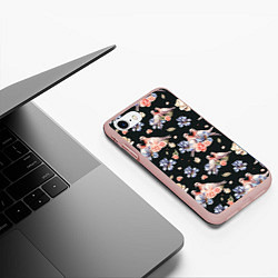 Чехол iPhone 7/8 матовый Голуби с розами и ирисами black, цвет: 3D-светло-розовый — фото 2