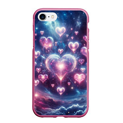 Чехол iPhone 7/8 матовый Космические сердца - звезды, цвет: 3D-малиновый