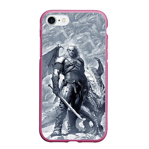 Чехол iPhone 7/8 матовый The Witcher and dragon - hand drawn style / 3D-Малиновый – фото 1