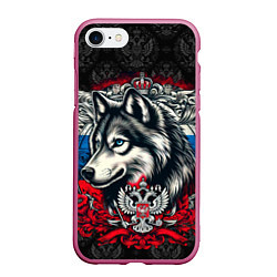 Чехол iPhone 7/8 матовый Русский волк и герб России, цвет: 3D-малиновый