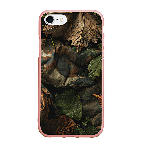 Чехол iPhone 7/8 матовый Реалистичный охотничий камуфляж из ткани и листьев / 3D-Светло-розовый – фото 1