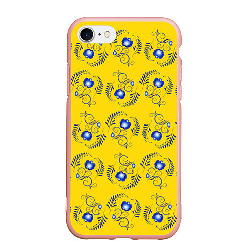 Чехол iPhone 7/8 матовый Узор - цветы гжель на желтом фоне / 3D-Светло-розовый – фото 1