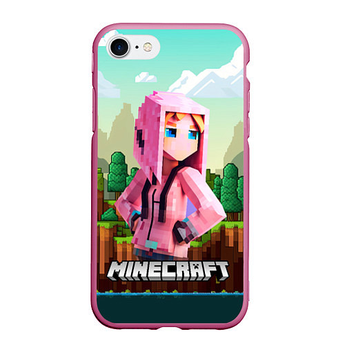 Чехол iPhone 7/8 матовый Персонаж Minecraft девушка в пиксельном мире / 3D-Малиновый – фото 1