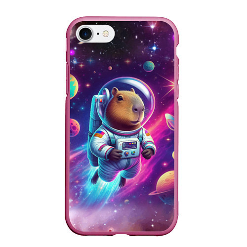 Чехол iPhone 7/8 матовый Космонавт капибара в неоновом космосе / 3D-Малиновый – фото 1