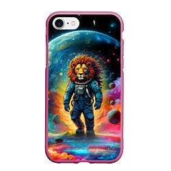 Чехол iPhone 7/8 матовый Лев космонавт в неоновом космическом пространстве, цвет: 3D-малиновый