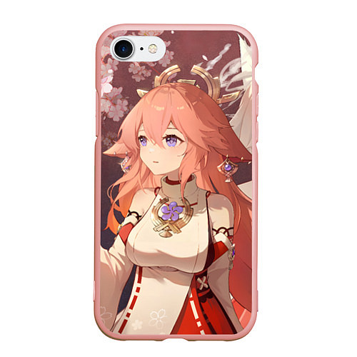 Чехол iPhone 7/8 матовый Genshin Impact Яэ Miko smile kitsune / 3D-Светло-розовый – фото 1